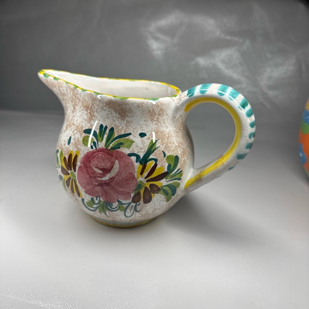 Vintage Italian Ceramic Creamer Pitcher Hand Painted Floral Made In Italy - Picture 2 of 11